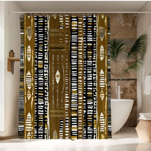 African print shower curtain with geometric pattern in a bathroom setting