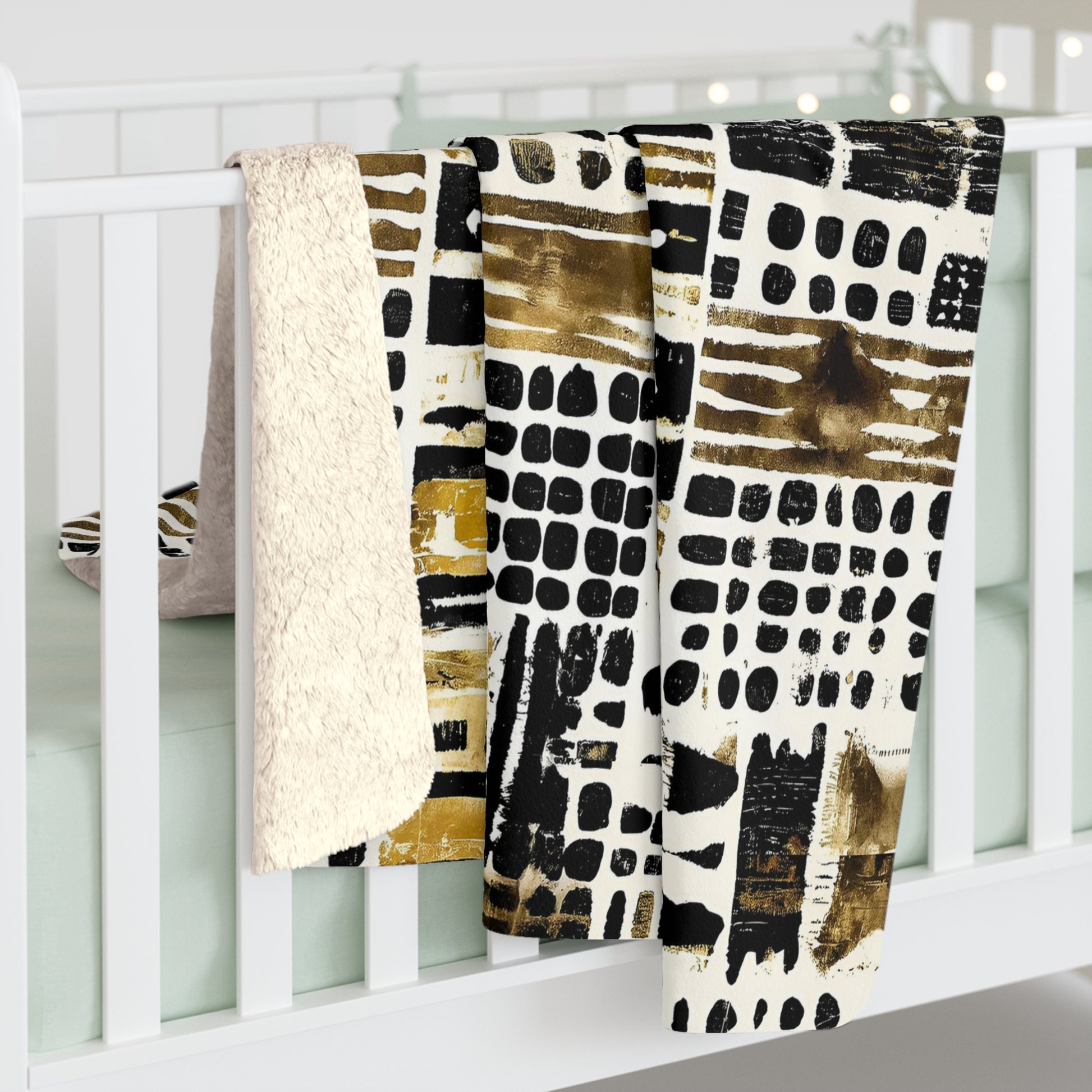 Three patterned blankets draped over a white crib.