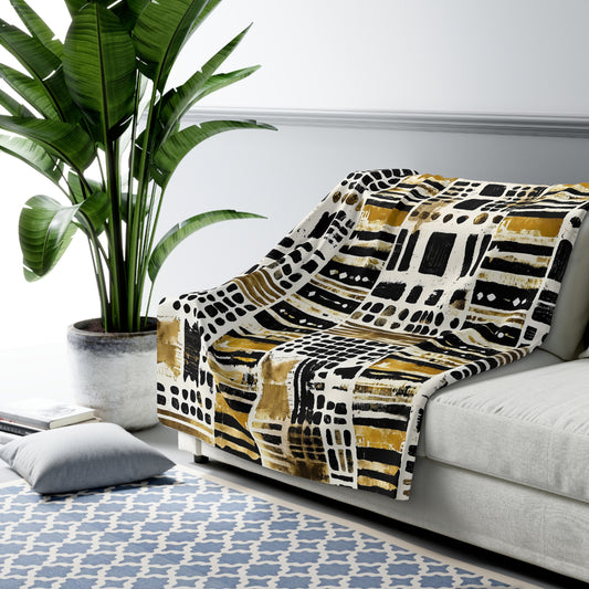 Mudcloth Patterned blanket draped over a sofa in a living room with a plant and rug.