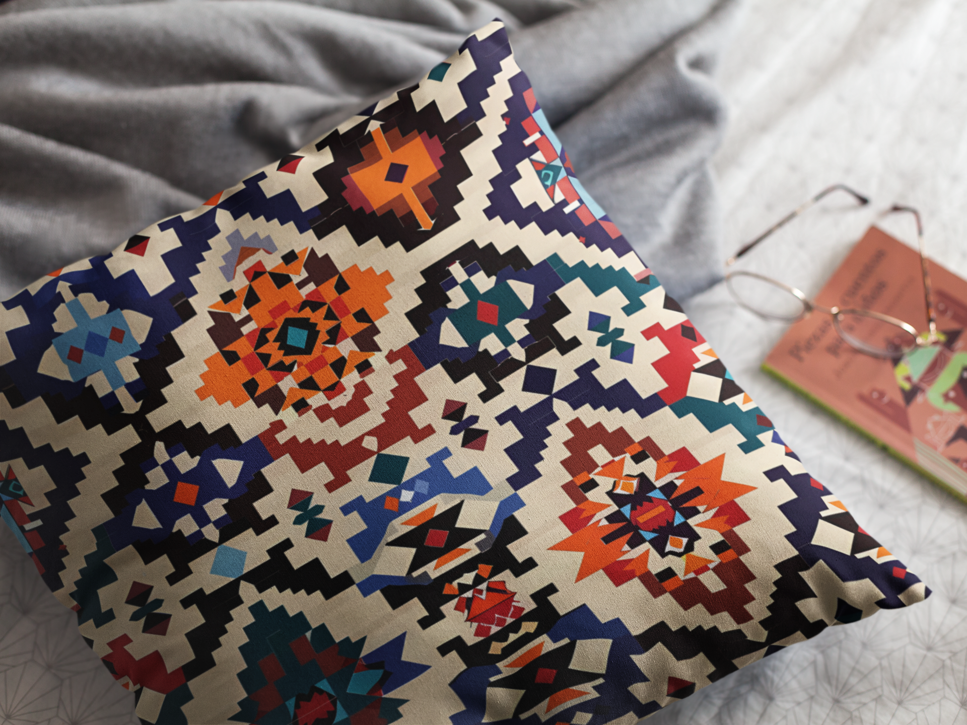 Decorative pillow with geometric pattern on a textured surface