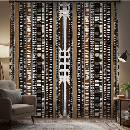 Patterned curtains in a living room with a chair and table.