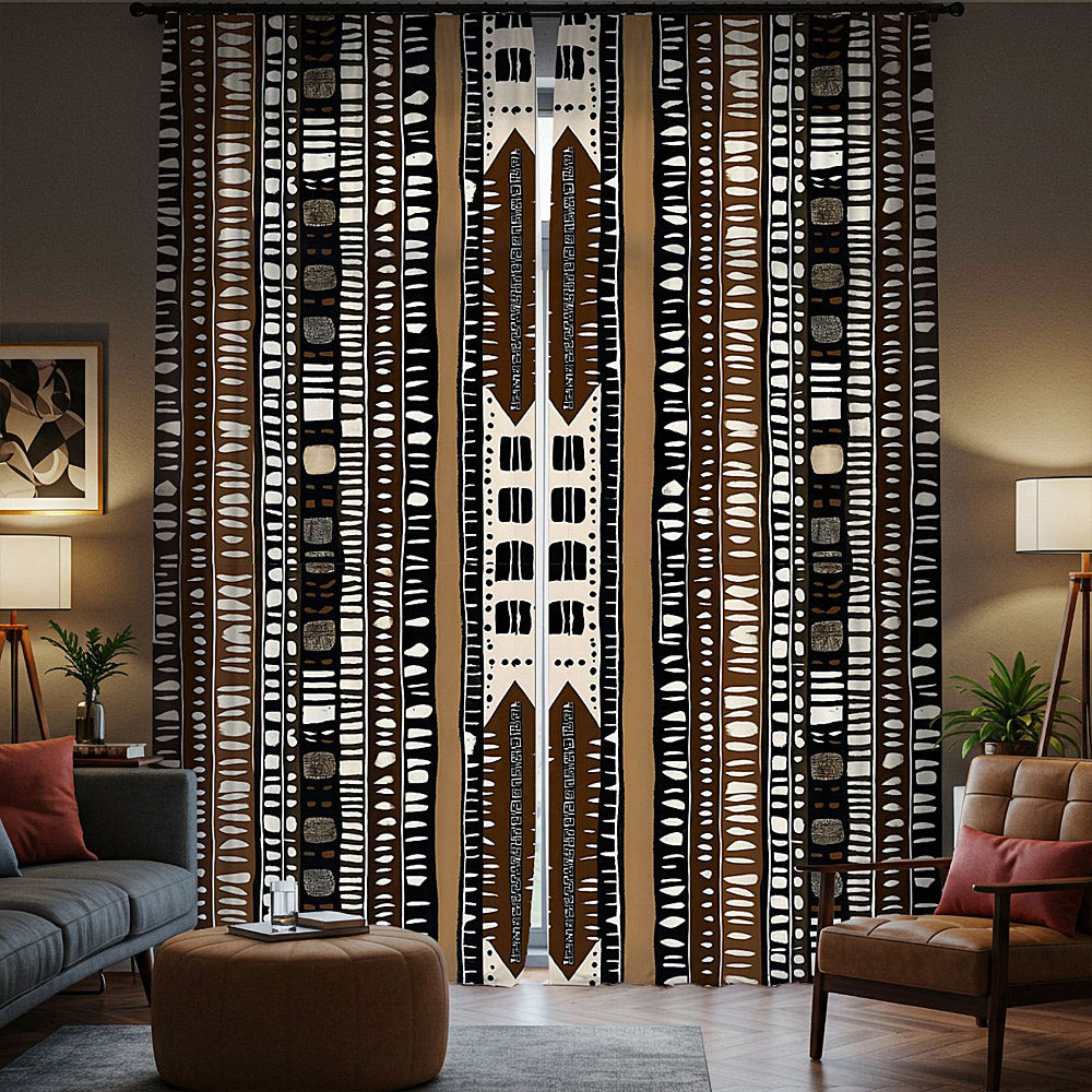 Tribal Print curtains in a living room setting with furniture and decor.
