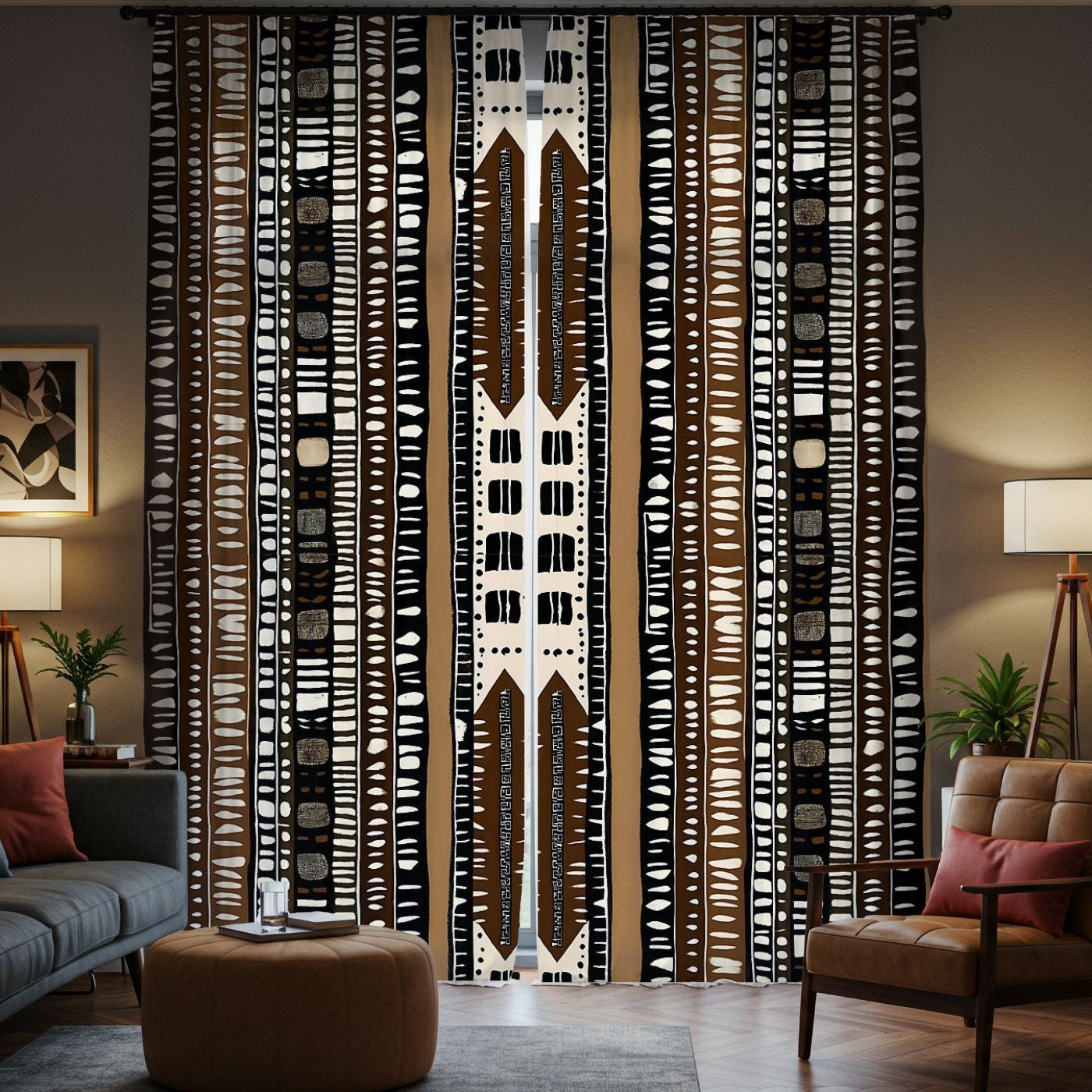 Living room with patterned curtains, sofa, and armchair.