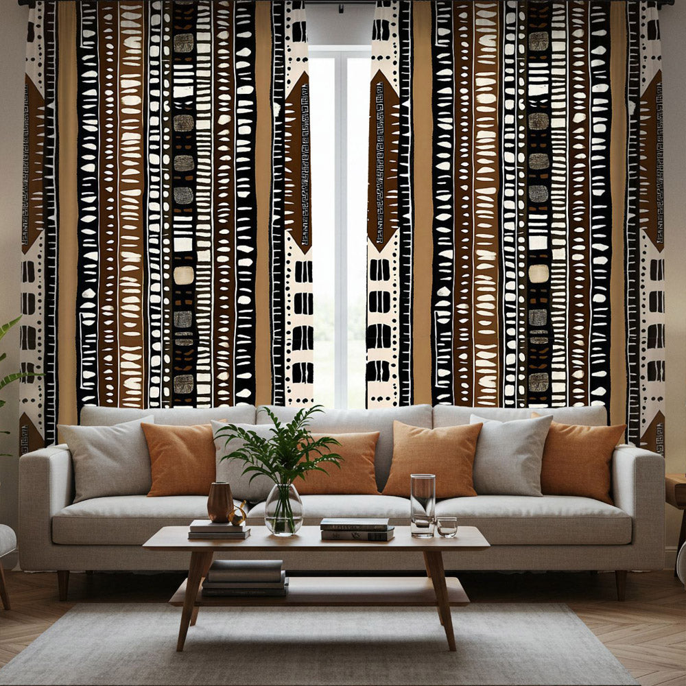 Living room with a beige sofa, patterned curtains, and a coffee table.