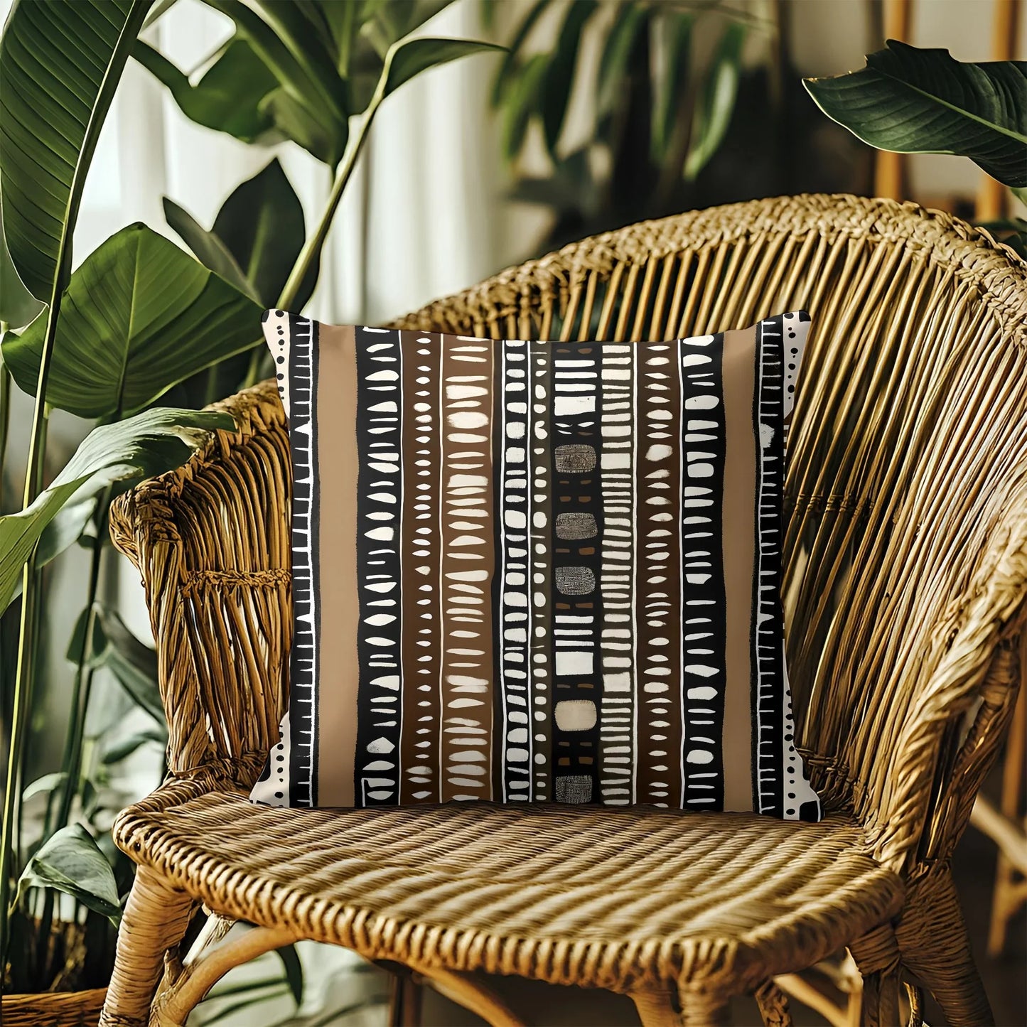 Modern tribal patterned pillow on a rattan chair with green houseplants