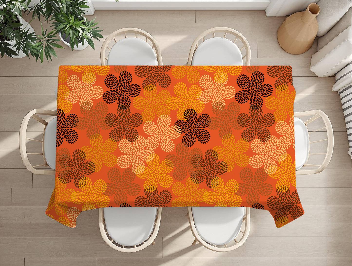 Cultural print tablecloth styled with napkins and placemats