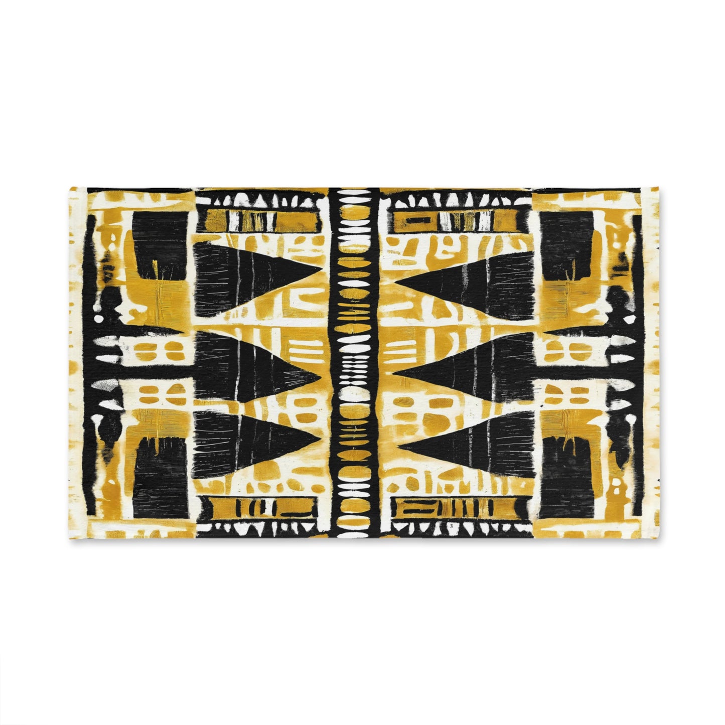 Decorative towel with black and yellow geometric pattern on a white background