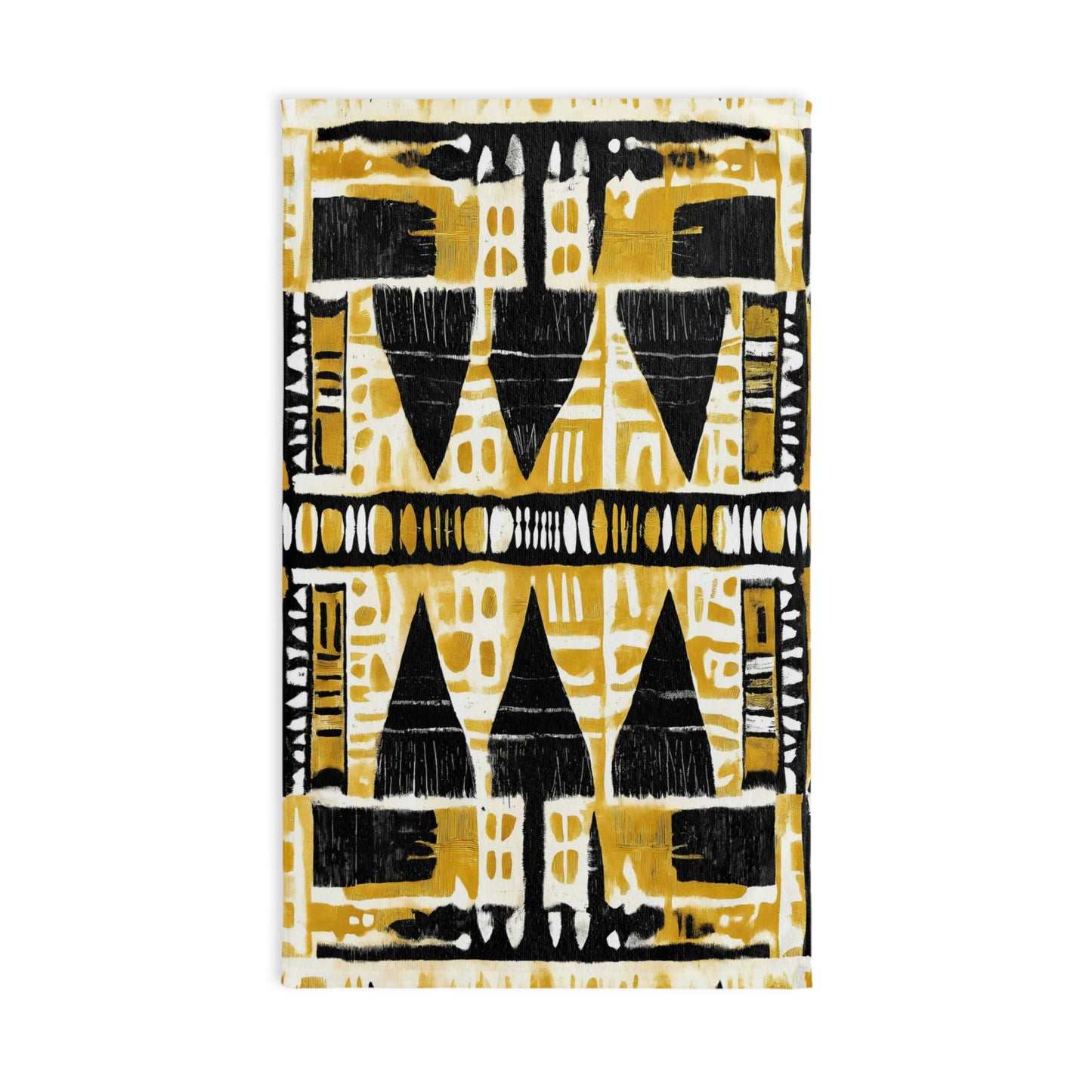 boho towel with black and yellow geometric pattern on a white background