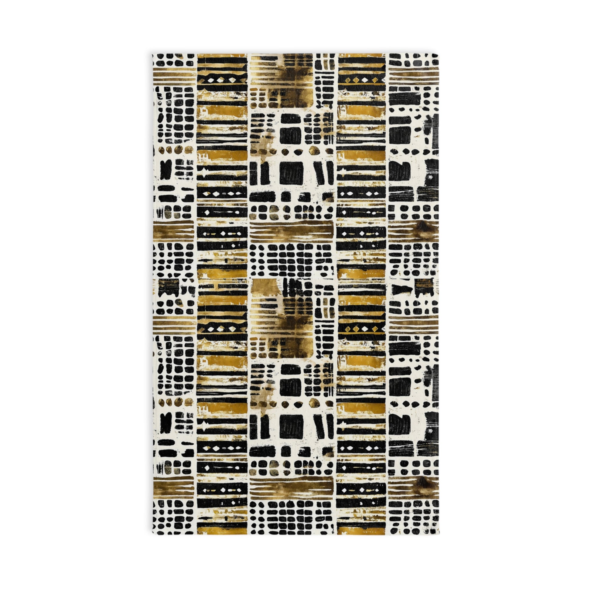 Patterned rug with geometric design on a white background