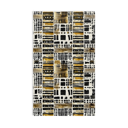 Patterned rug with geometric design on a white background