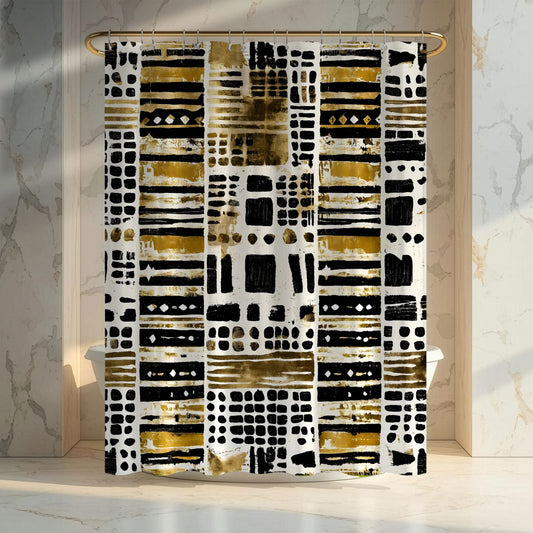 mudcloth shower curtain with black, gold, and white design in a bathroom setting.