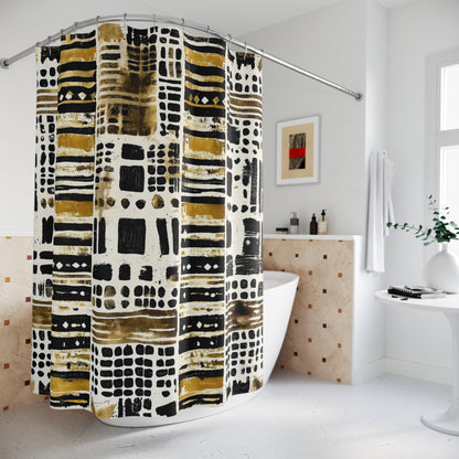 Patterned shower curtain in a modern bathroom decor