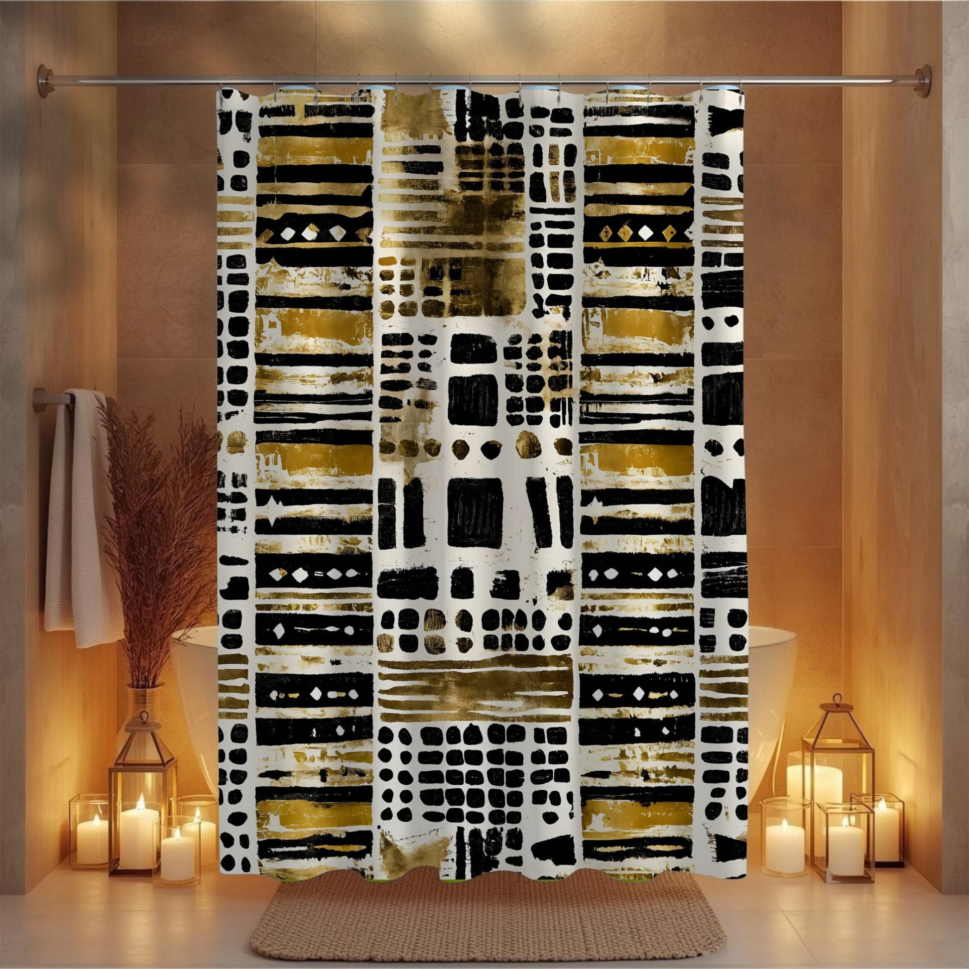 Boho Shower curtain with geometric pattern in a bathroom setting