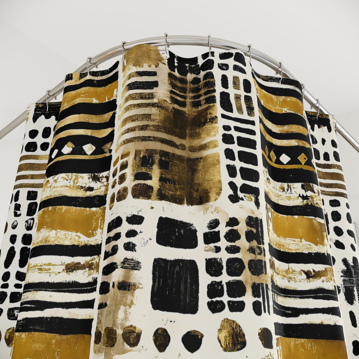 Bathroom Curtain with abstract patterns in black, gold, and white on a white background