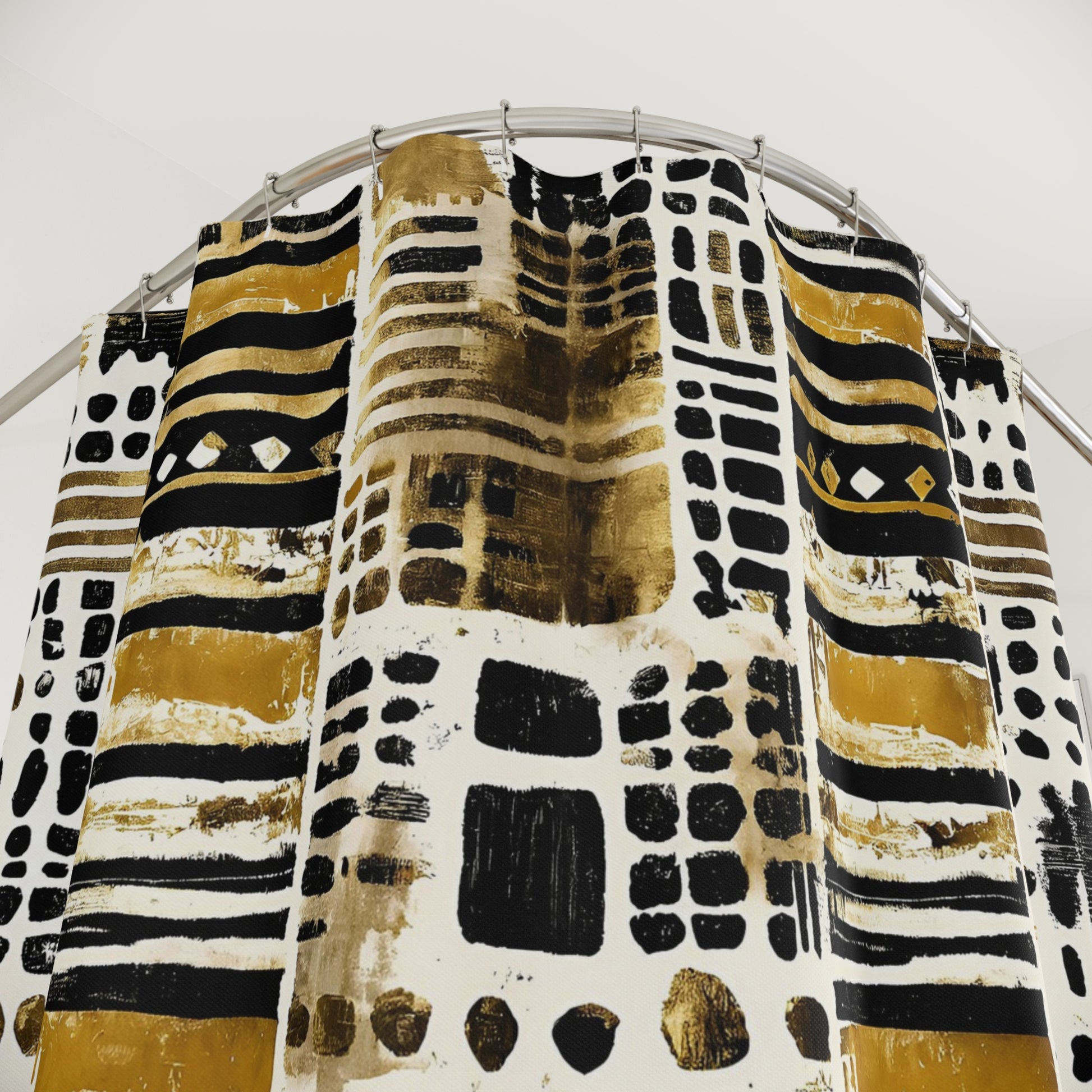 Bathroom Curtain with abstract patterns in black, gold, and white on a white background