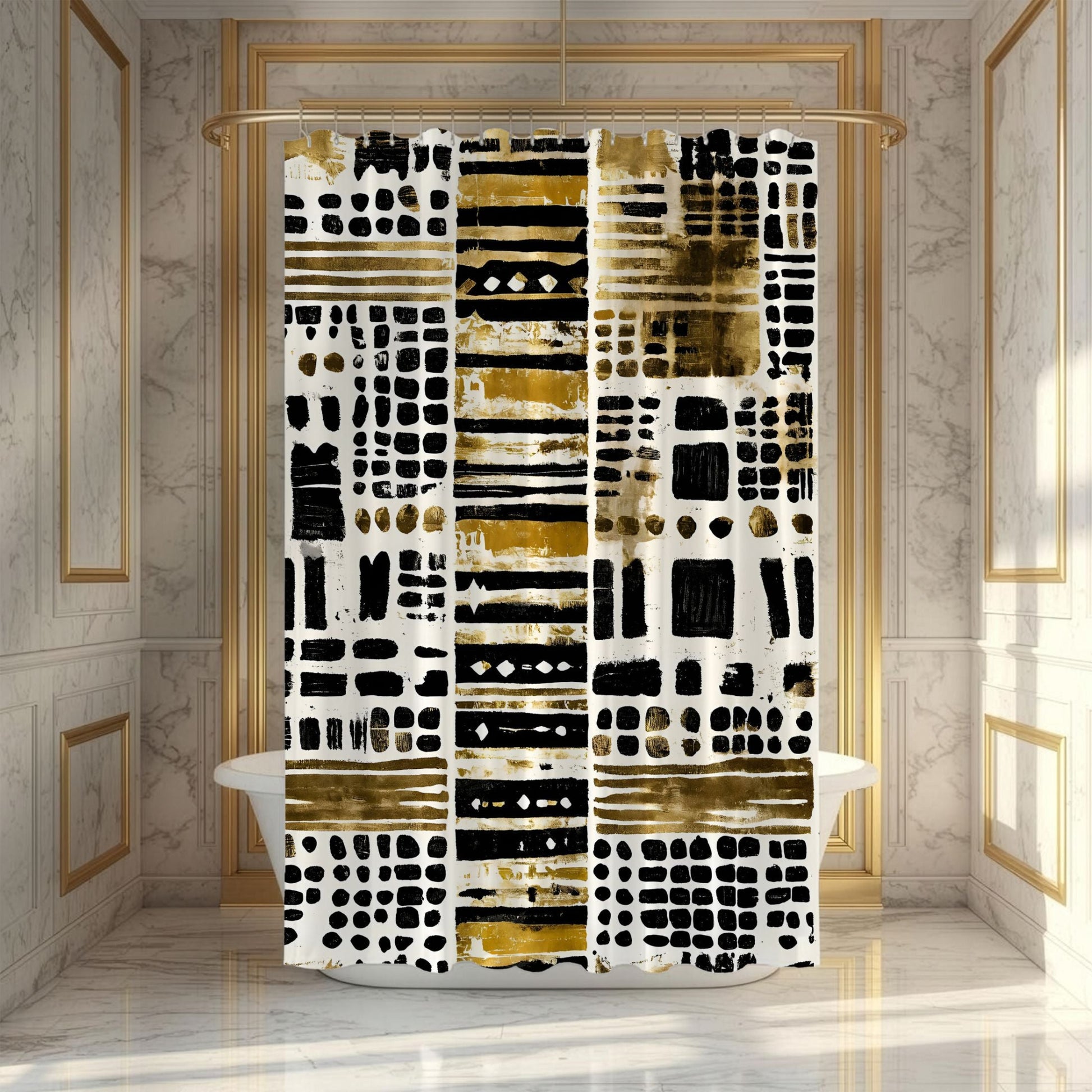 Boho Mudcloth Shower Curtain with black, gold, and white abstract pattern in a bathroom setting