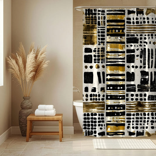 Bathroom with a patterned shower curtain, wooden stool, and decorative vase.