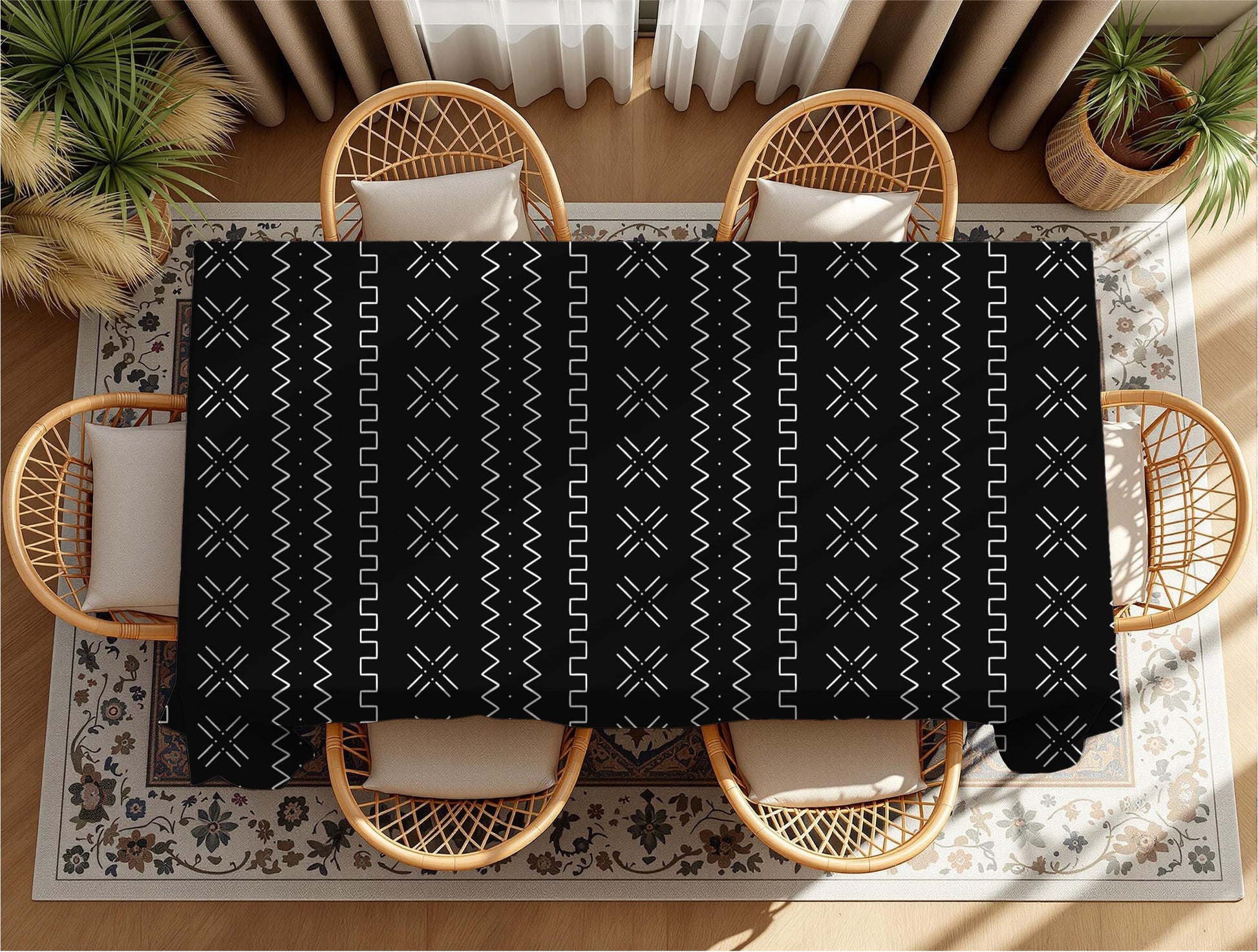 Earth tone African table cover with geometric patterns