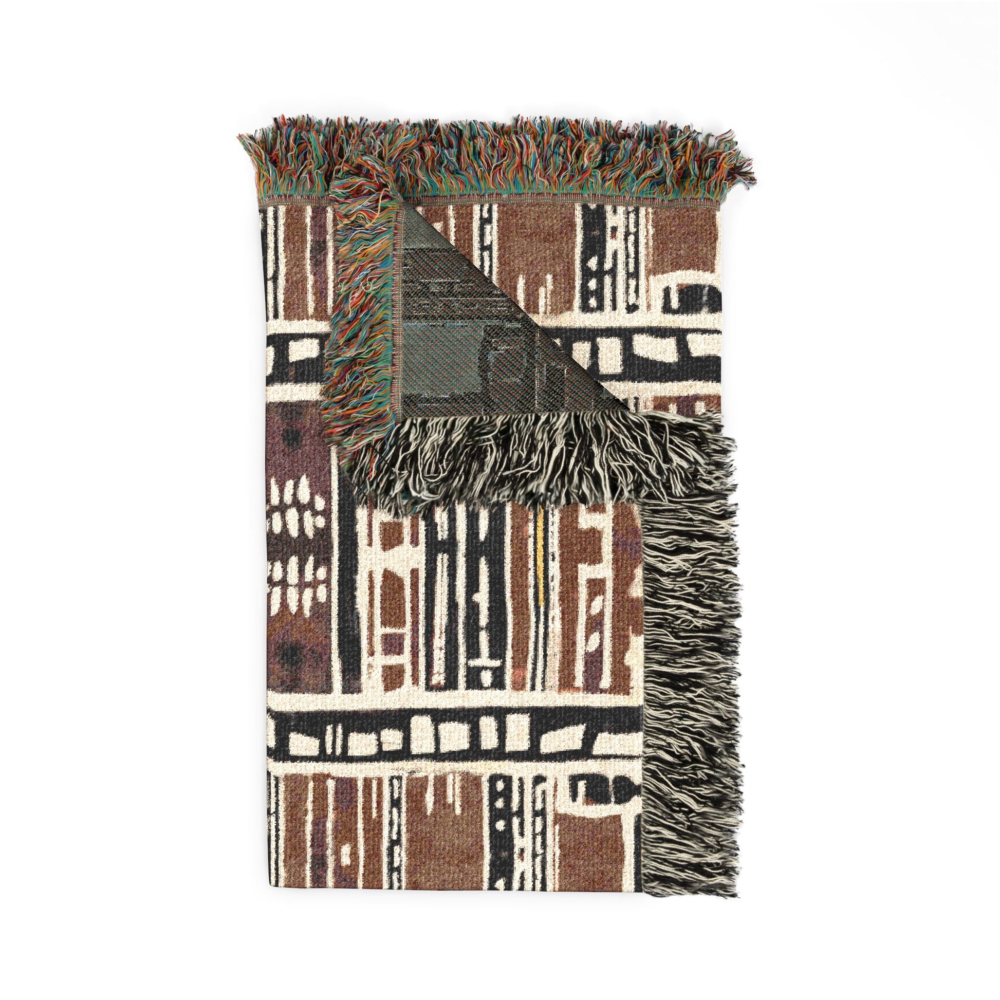 Tribal Print blanket with fringes on a white background