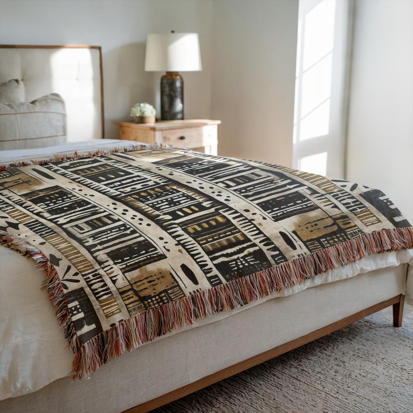 Patterned throw blanket on a bed in a bedroom setting