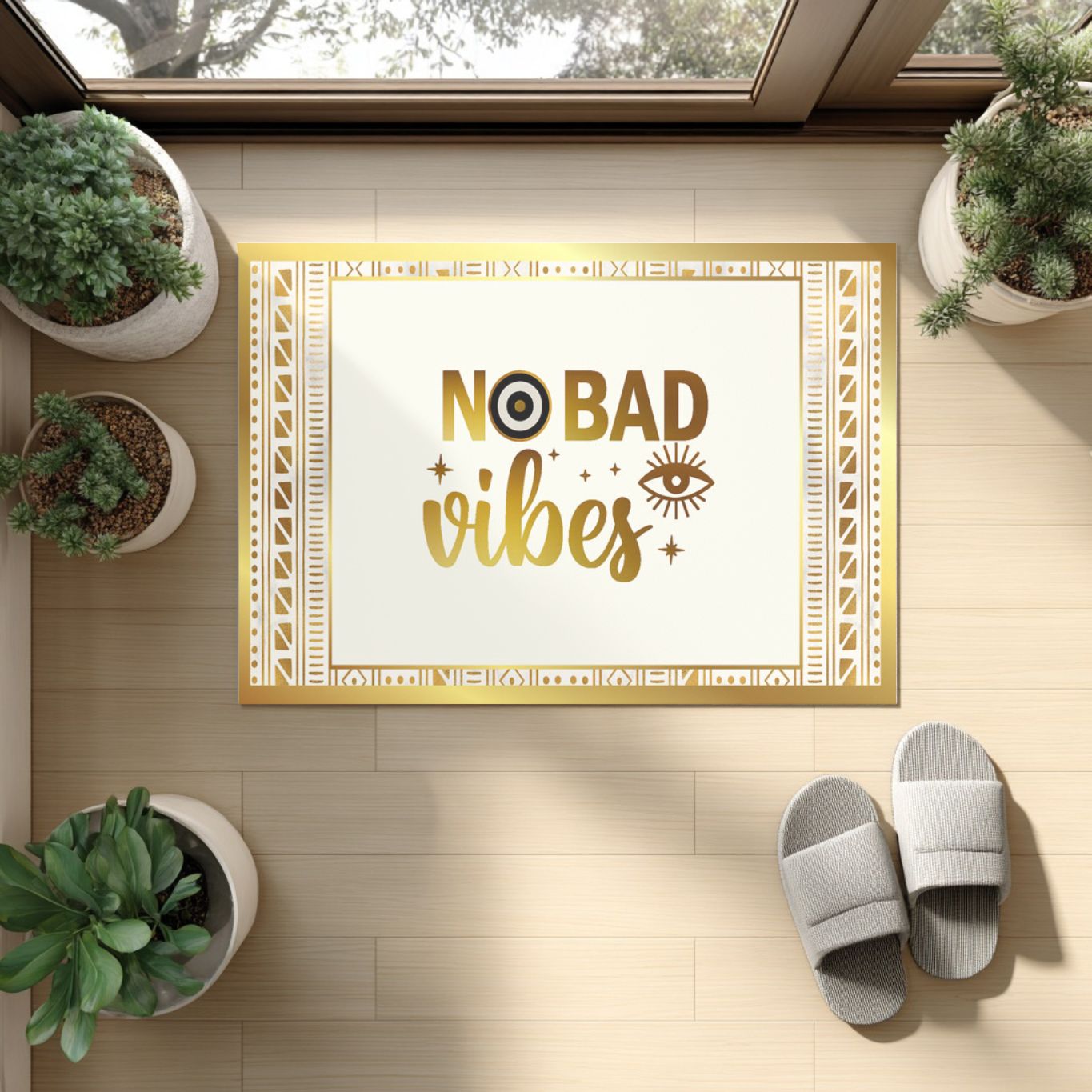 Doormat with 'No Bad Vibes' text on a wooden floor with plants and slippers.