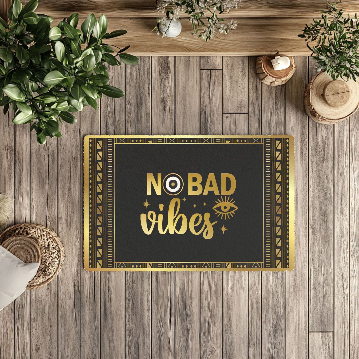 Decorative mat with 'No Bad Vibes' text on a wooden floor with plants.