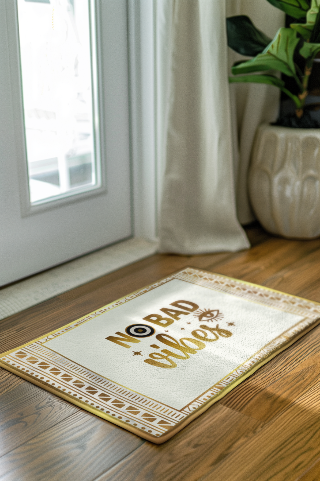Decorative doormat with 'No Bad Vibes' text on a wooden floor.