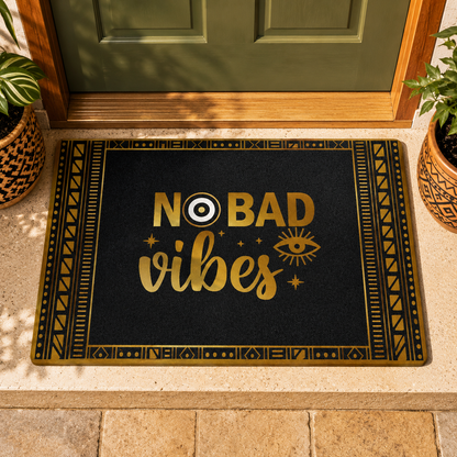 Doormat with 'No Bad Vibes' text on a stone floor with plants on either side.
