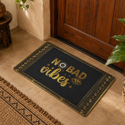 Doormat with 'No Bad Vibes' text on a carpeted floor next to a wooden door.