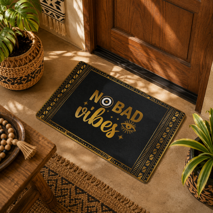 Decorative doormat with 'No Bad Vibes' text on a beige floor next to a wooden door.