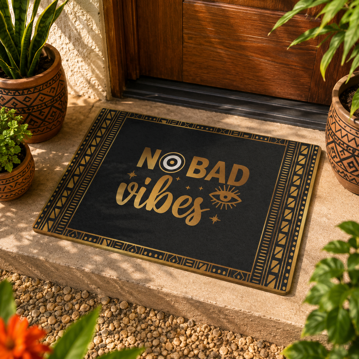 Decorative doormat with 'No Bad Vibes' text on a stone floor surrounded by plants.
