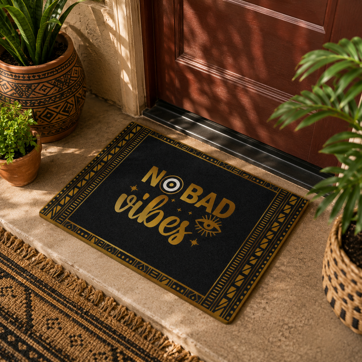 Doormat with 'No Bad Vibes' text on a doormat, surrounded by plants.