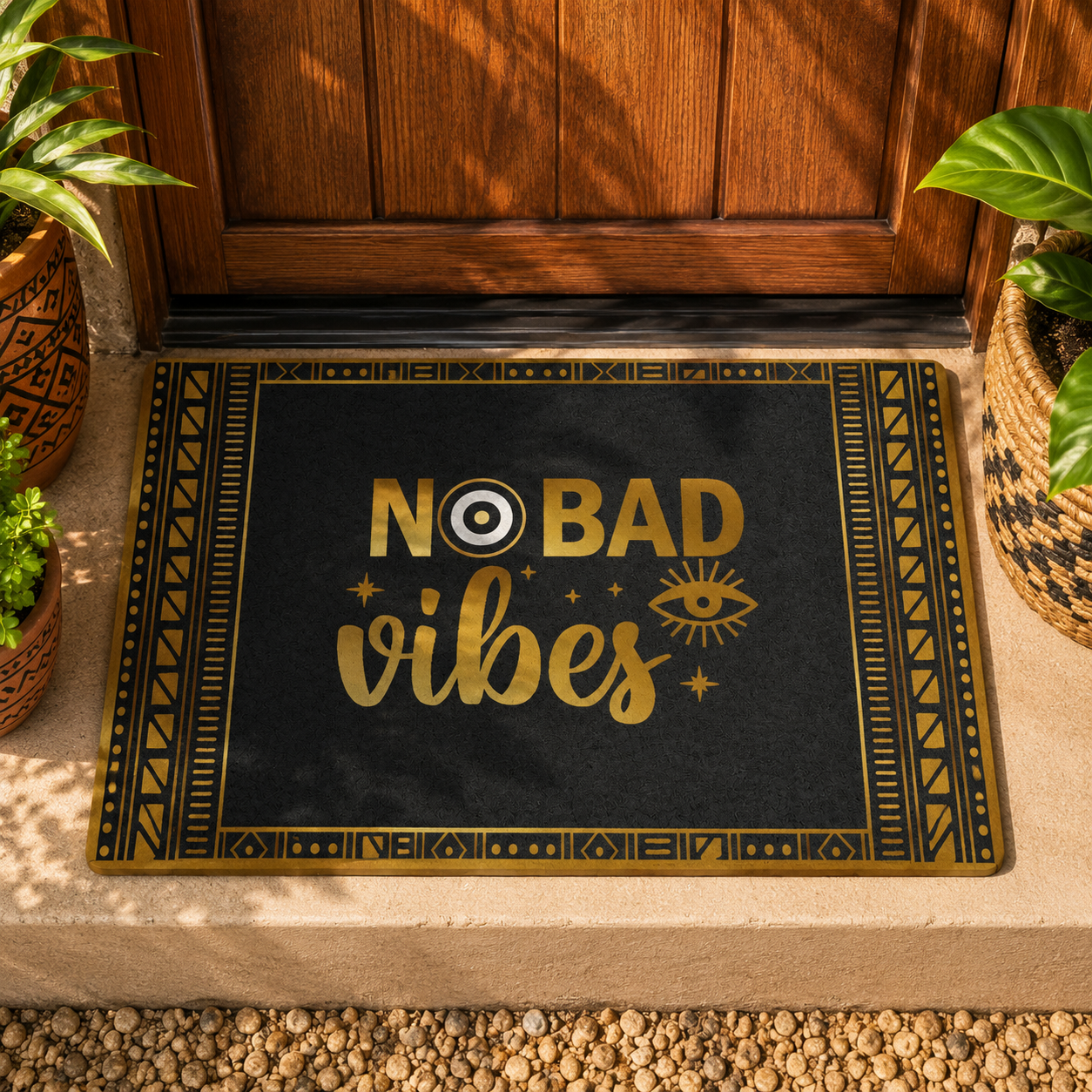 Doormat with 'No Bad Vibes' text on a wooden floor