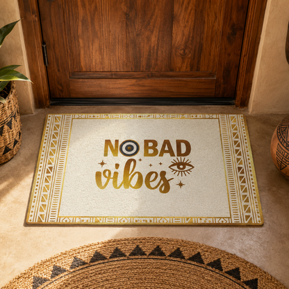 Decorative doormat with 'No Bad Vibes' text on a floor in front of a wooden door.