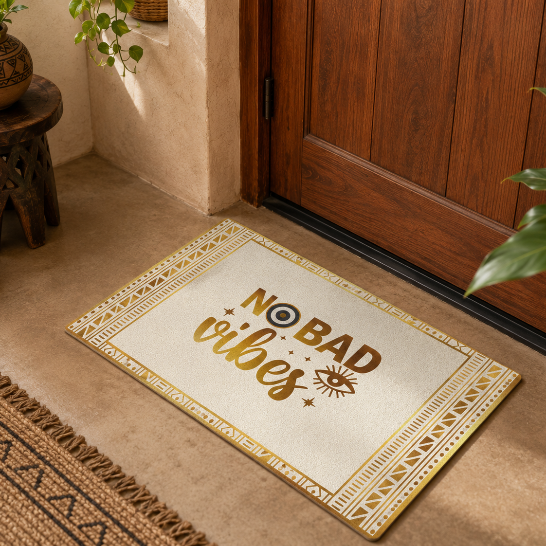 Doormat with 'No Bad Vibes' text on a beige floor next to a wooden door.