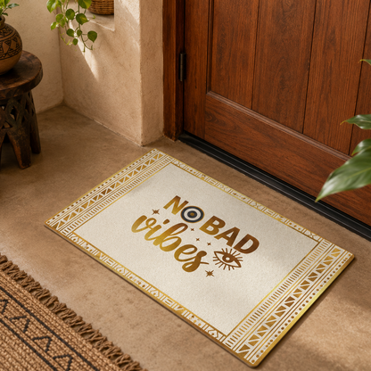 Doormat with 'No Bad Vibes' text on a beige floor next to a wooden door.