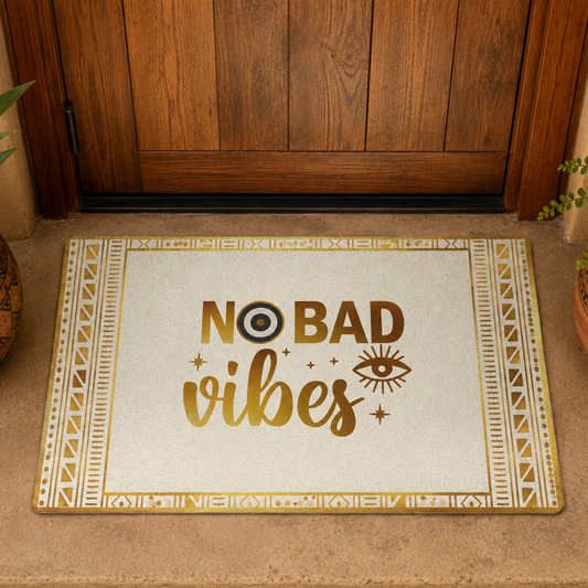 Doormat with 'No Bad Vibes' text on a beige floor in front of a wooden door.