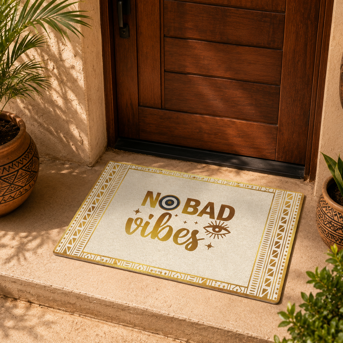Doormat with 'No Bad Vibes' text on a doorstep with plants and a wooden door.