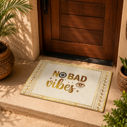 Doormat with 'No Bad Vibes' text on a doorstep with plants and a wooden door.