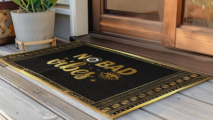 Doormat with 'No Bad Vibes' text on a wooden floor next to a door.