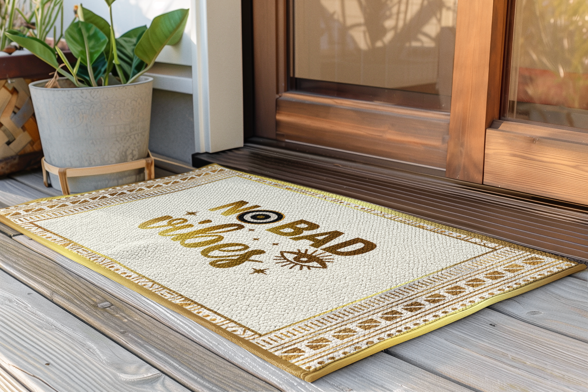 Doormat with 'No Bad Vibes' text on a wooden floor.