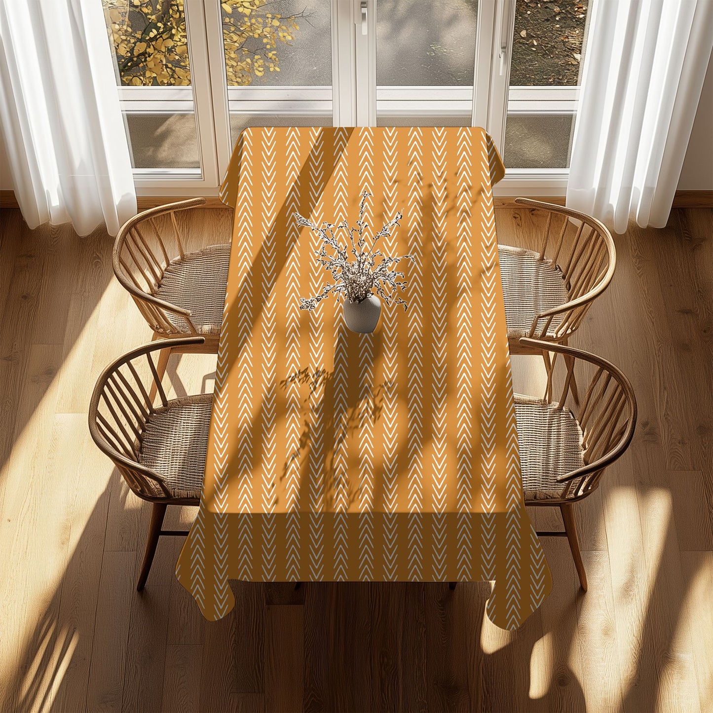 Boho tribal pattern tablecloth in modern kitchen