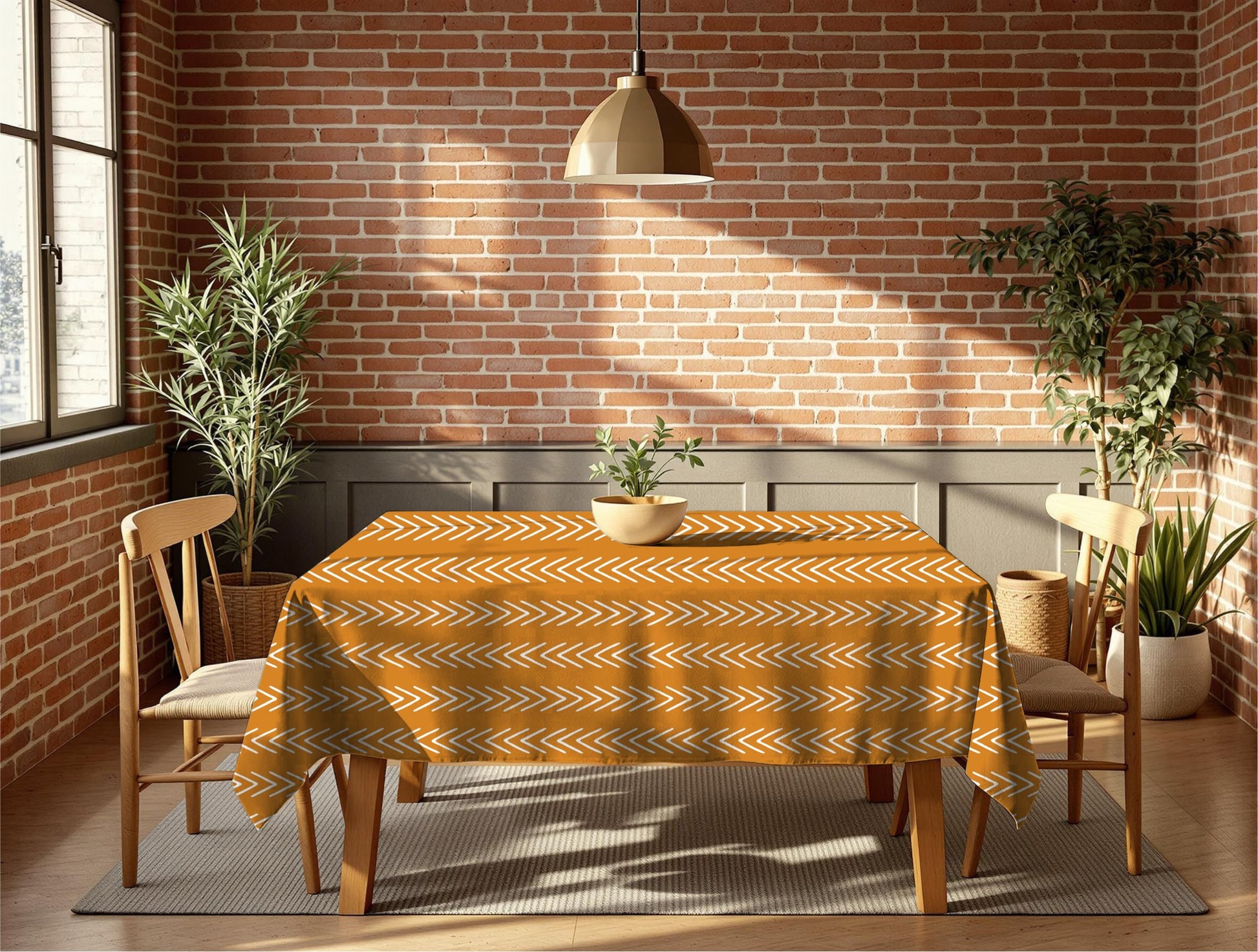 Earth tone African table cover with geometric patterns