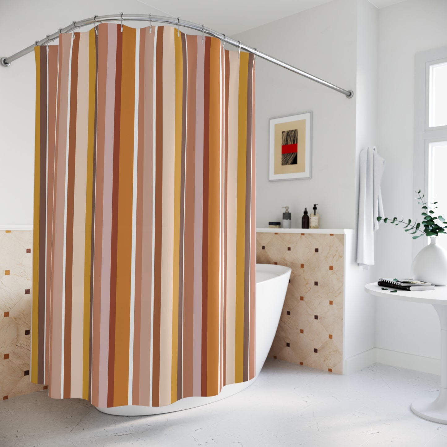 Striped shower curtain in a bathroom with a bathtub and decorative elements.