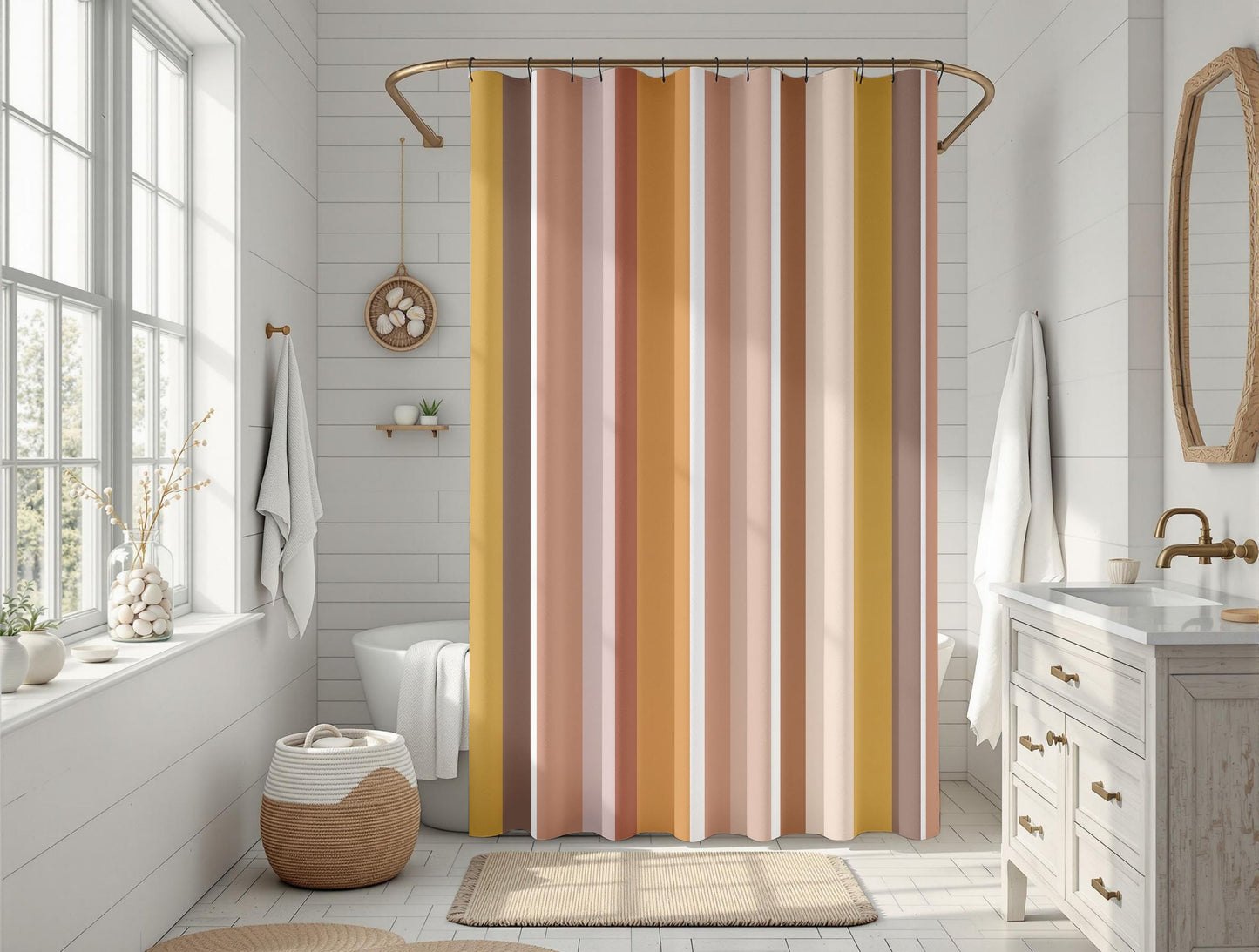 Bathroom with a colorful striped shower curtain, sink, and window.