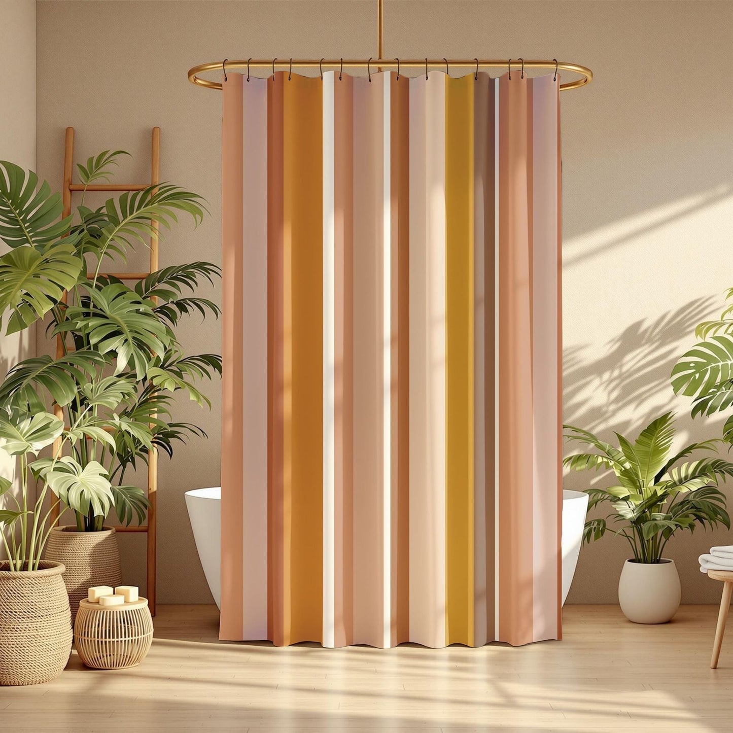Striped shower curtain in a bathroom with plants and wooden furniture