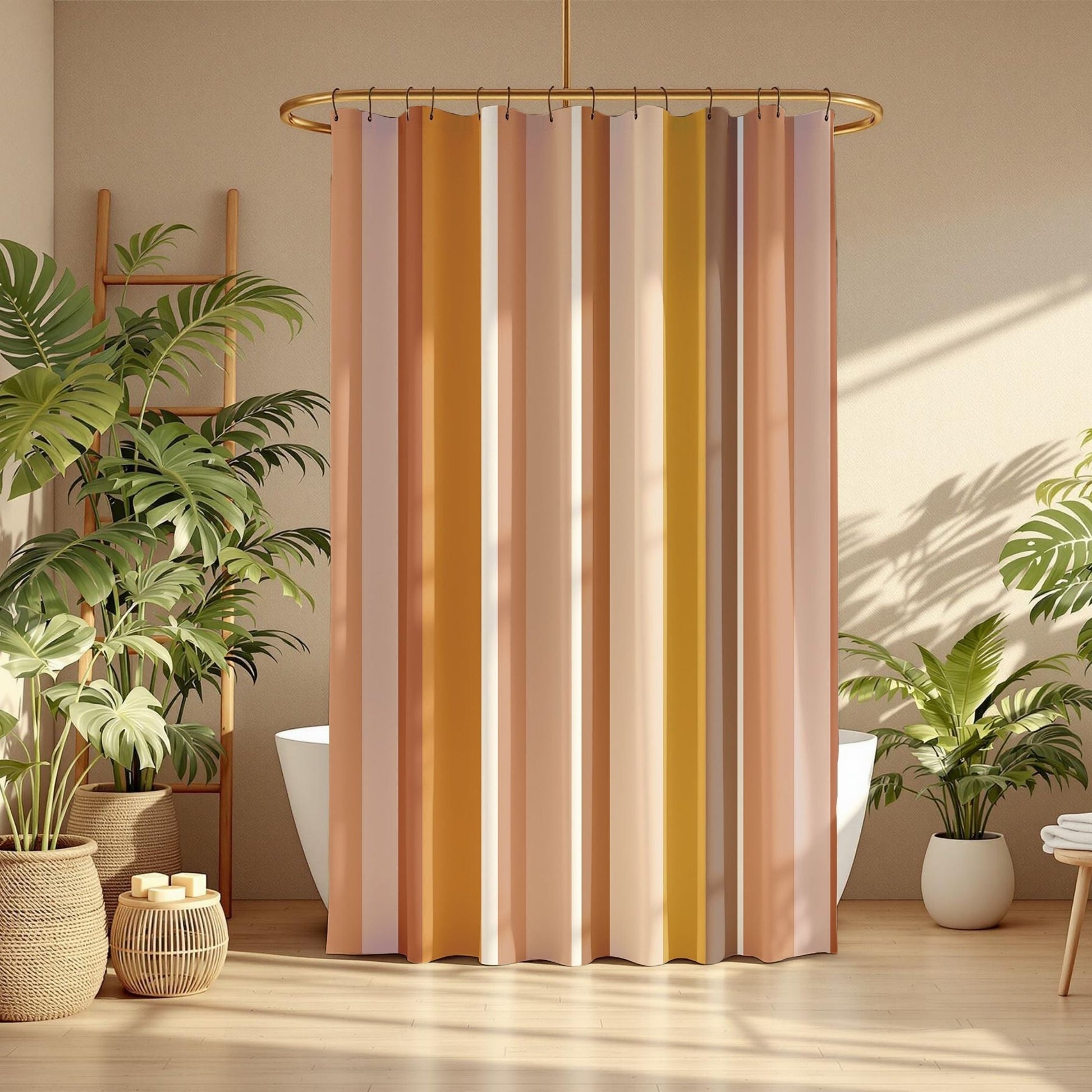 Striped shower curtain in a bathroom with plants and wooden furniture