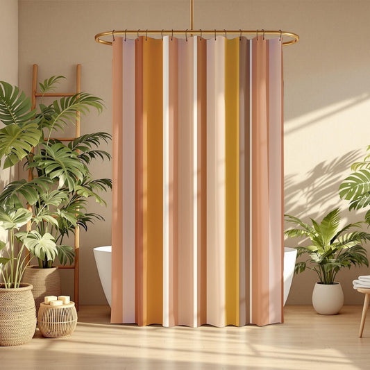 Striped shower curtain in a bathroom with plants and wooden furniture