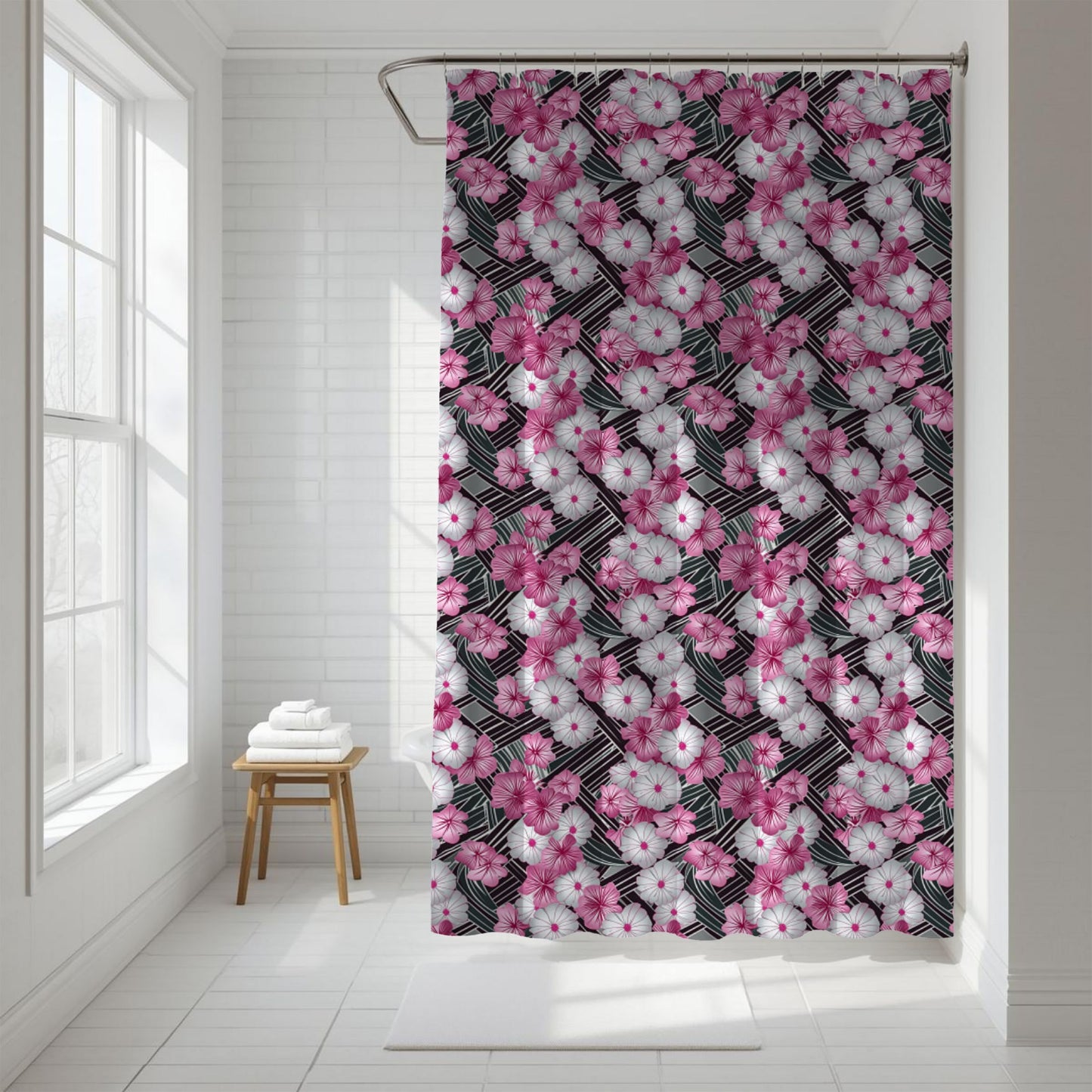 Shower curtain with pink and white floral pattern in a bathroom setting