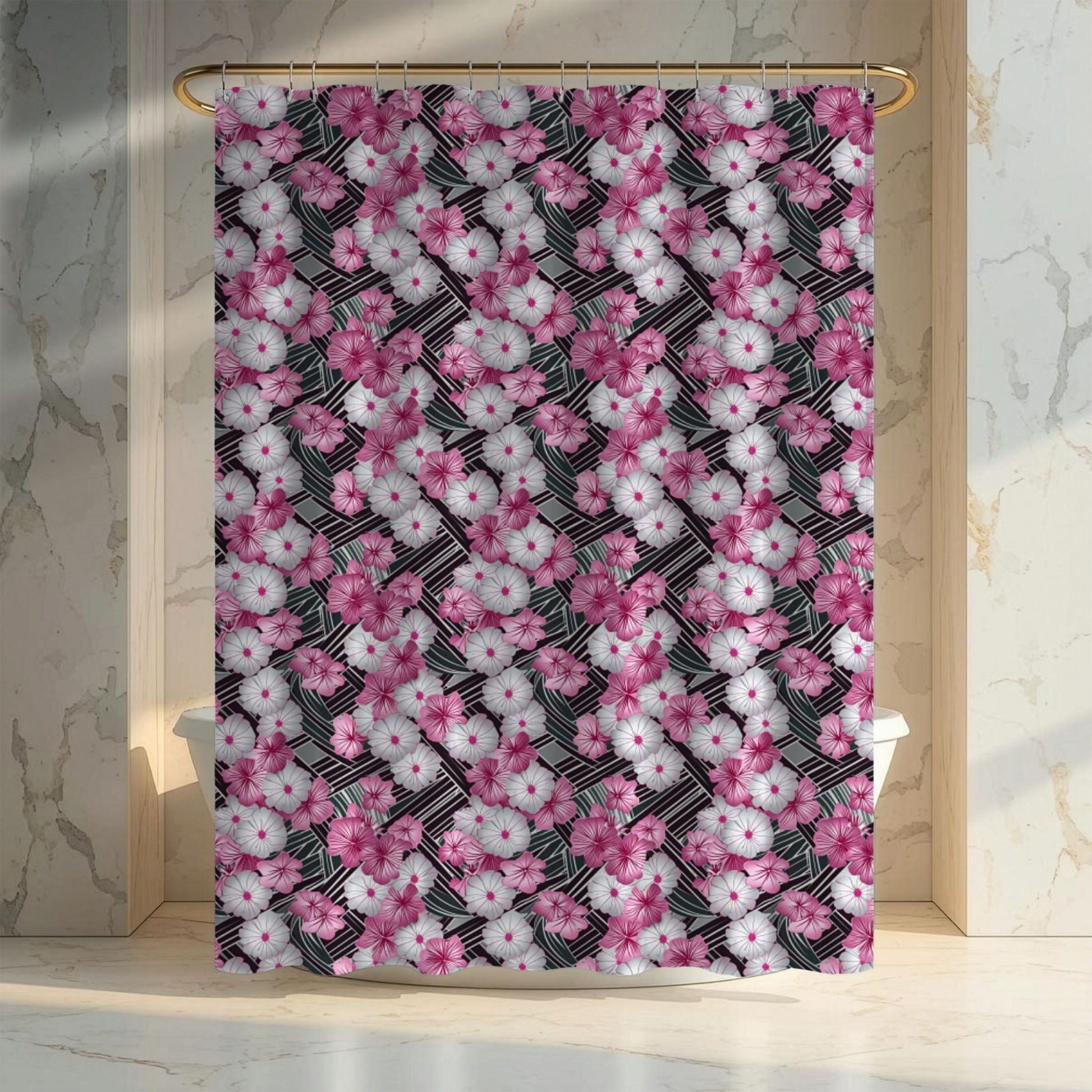 Shower curtain with pink and white floral pattern on a marble bathroom background